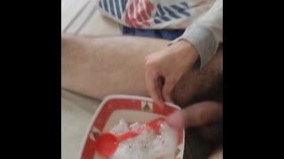 Desperate Dude Pissing On A Plate Filled Up With A Cumshot