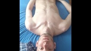 Extremely Skinny Teen With Perfect Body Shows Off His Muscles And Wanks While Laying On Bed