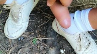 Piss And Cum – Cleaning Used White Sneakers With Pee And Cum And Pee Again In The Garden