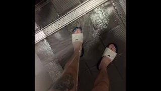 Pissing On Shower Gym. Big White Cock Pissing On Locker Room.