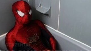 Spiderman Pisses All Over His Suit With Hard Cock, Jerks Off, Cums In Raised Webbing Spidey Costume