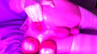 Sissy femboy fisting and gape, 2 juicy apples in my lubed open asshole