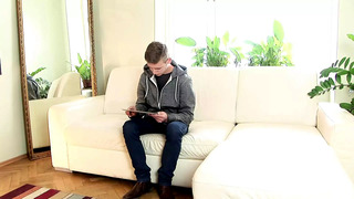 Young cute Patrik poses for casting and masturbates his hard big cock